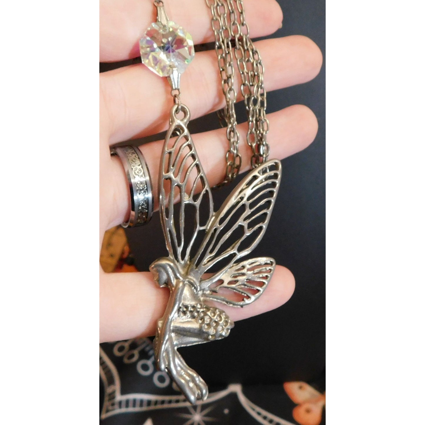 Fairycore Silver Tone Fairy Pendant Necklace With AB Gem Accent