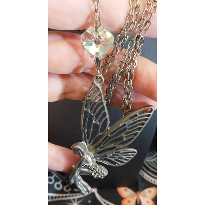 Fairycore Silver Tone Fairy Pendant Necklace With AB Gem Accent
