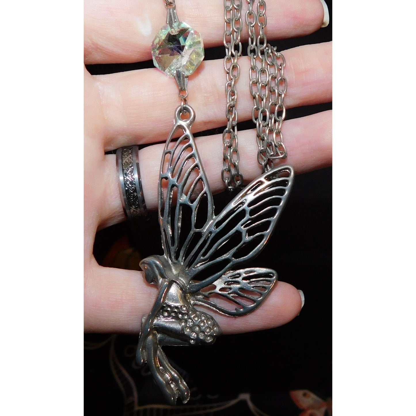 Fairycore Silver Tone Fairy Pendant Necklace With AB Gem Accent