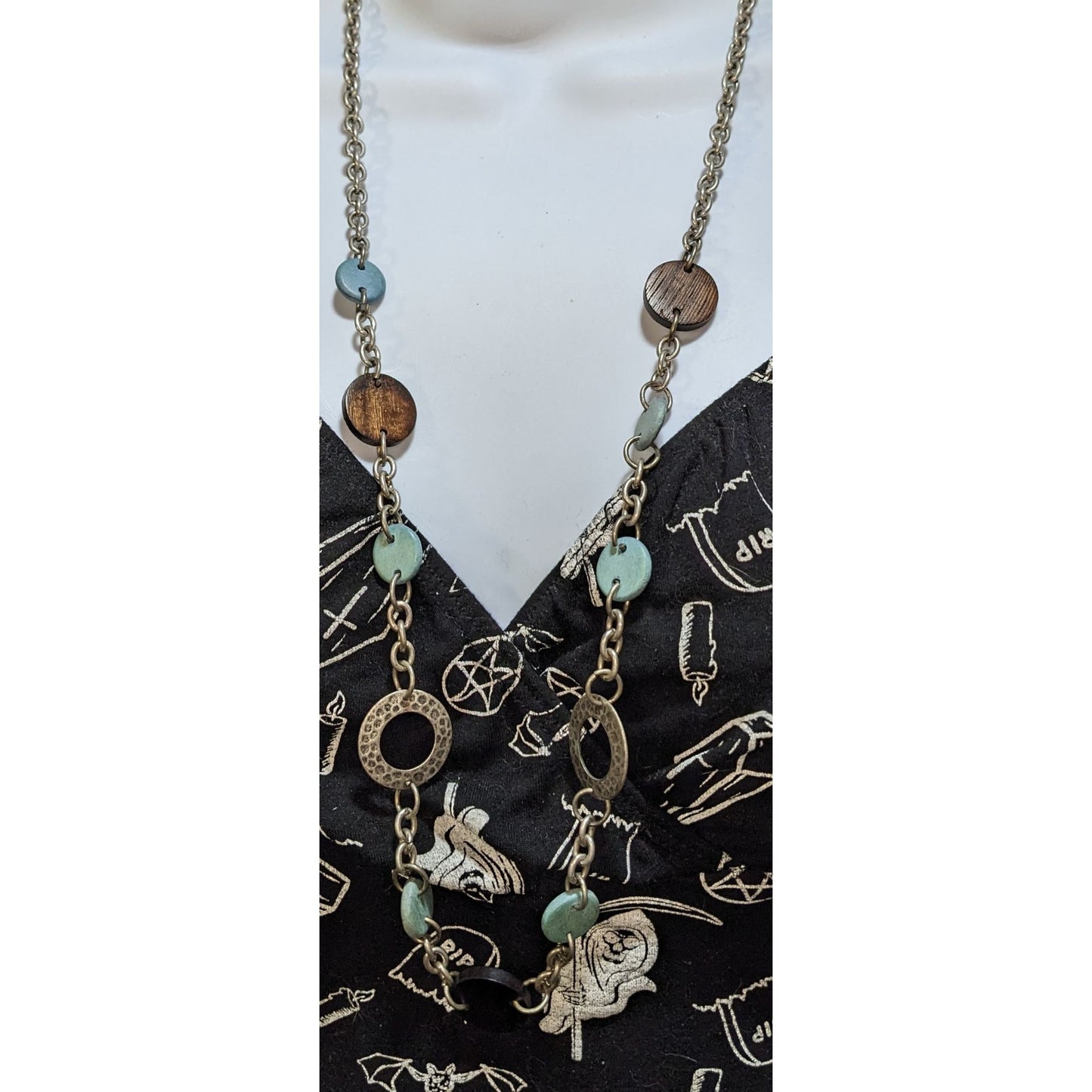 American Eagle Rustic Wood Disc Necklace Long Mixed Media Boho Geometric Statement Jewelry
