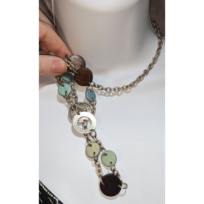 American Eagle Rustic Wood Disc Necklace Long Mixed Media Boho Geometric Statement Jewelry