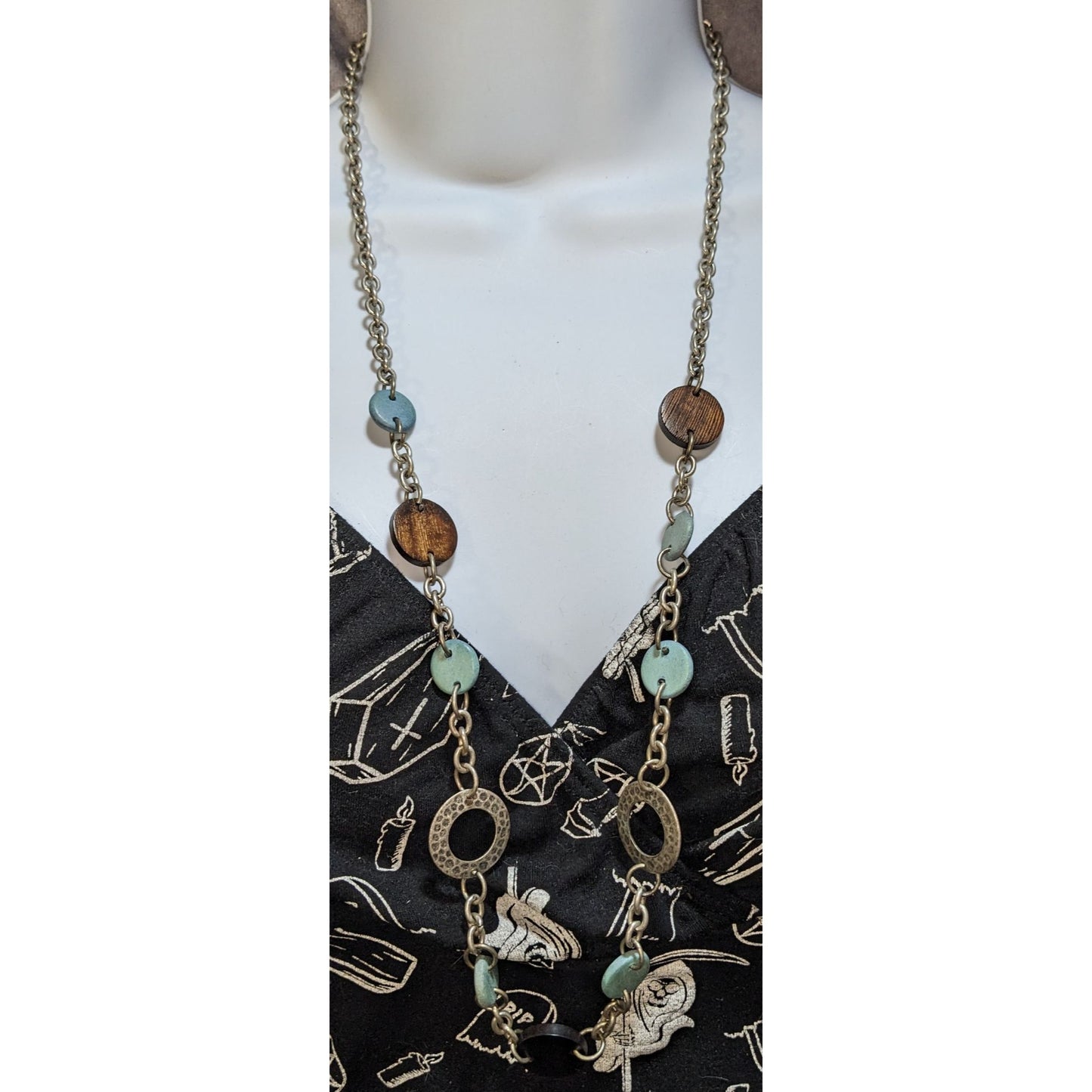 American Eagle Rustic Wood Disc Necklace Long Mixed Media Boho Geometric Statement Jewelry