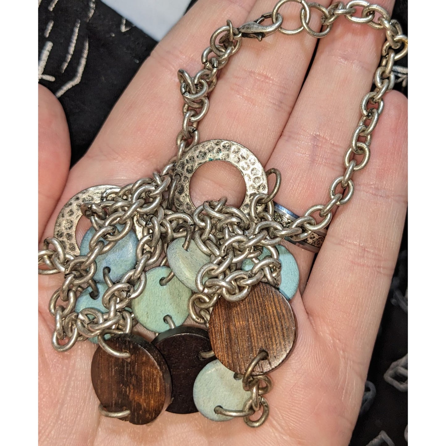 American Eagle Rustic Wood Disc Necklace Long Mixed Media Boho Geometric Statement Jewelry