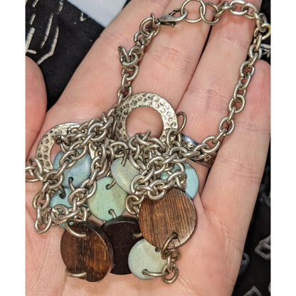 American Eagle Rustic Wood Disc Necklace Long Mixed Media Boho Geometric Statement Jewelry