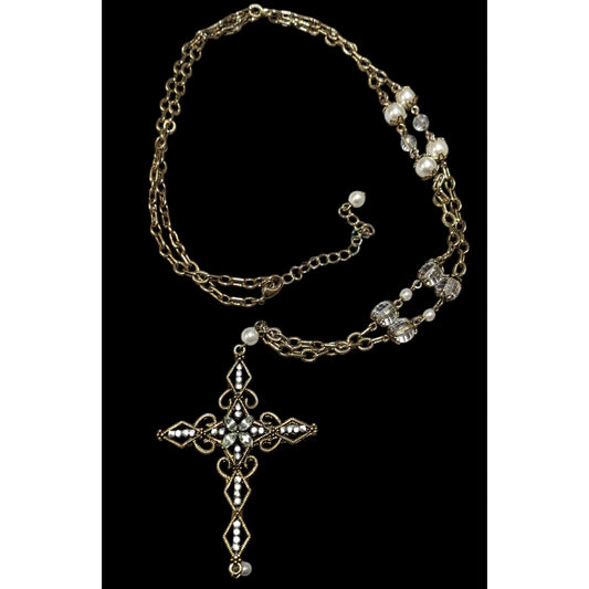 Vintage Glam Goth Gold Tone Faux Pearl Gemmed Cross Necklace