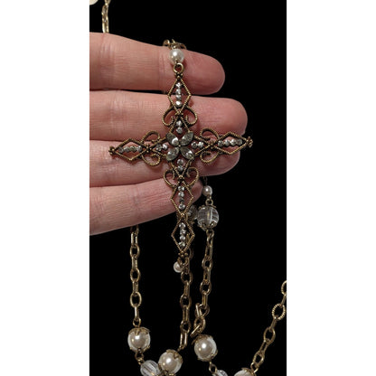 Vintage Glam Goth Gold Tone Faux Pearl Gemmed Cross Necklace