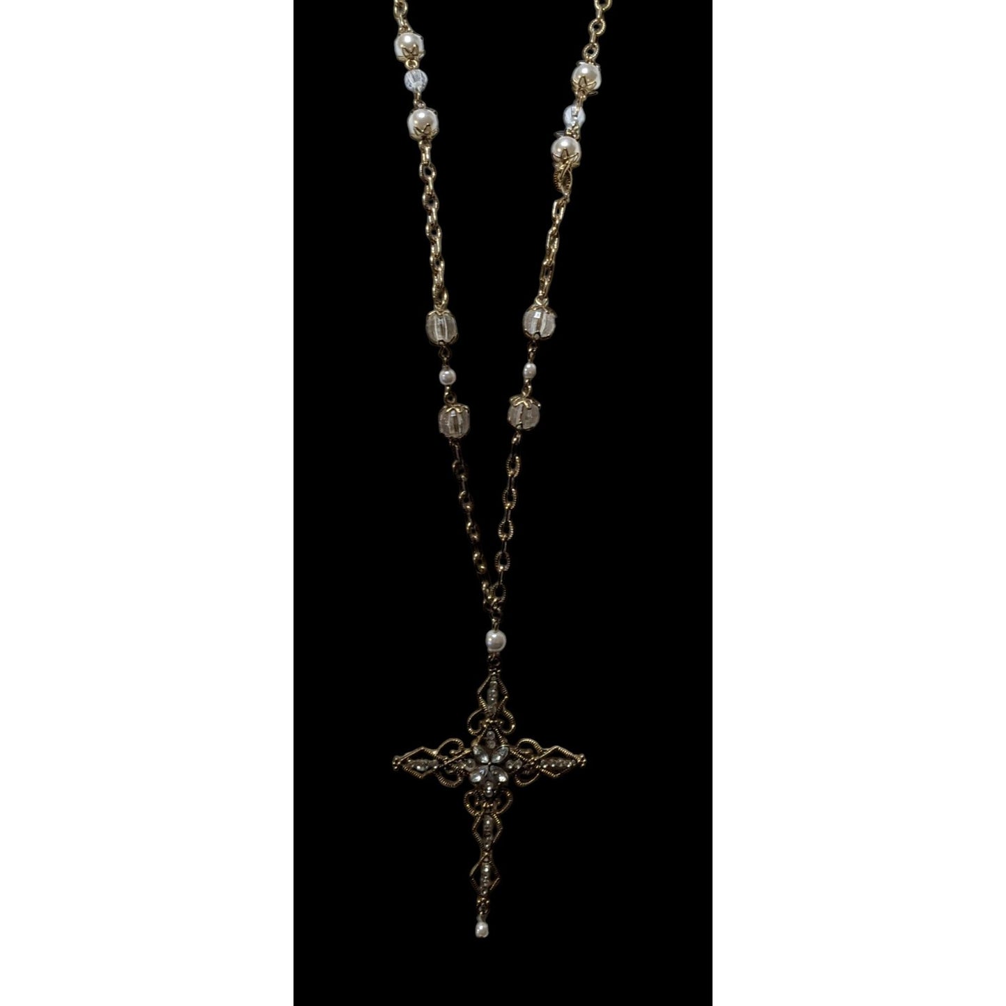 Vintage Glam Goth Gold Tone Faux Pearl Gemmed Cross Necklace