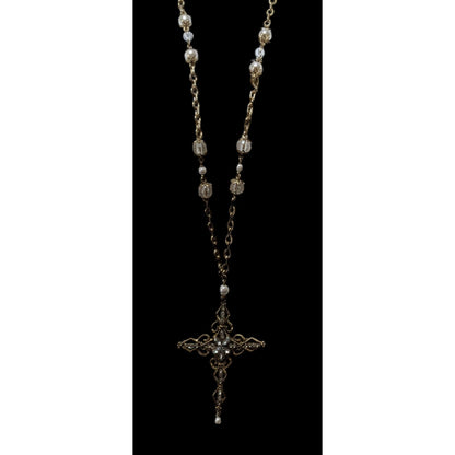 Vintage Glam Goth Gold Tone Faux Pearl Gemmed Cross Necklace