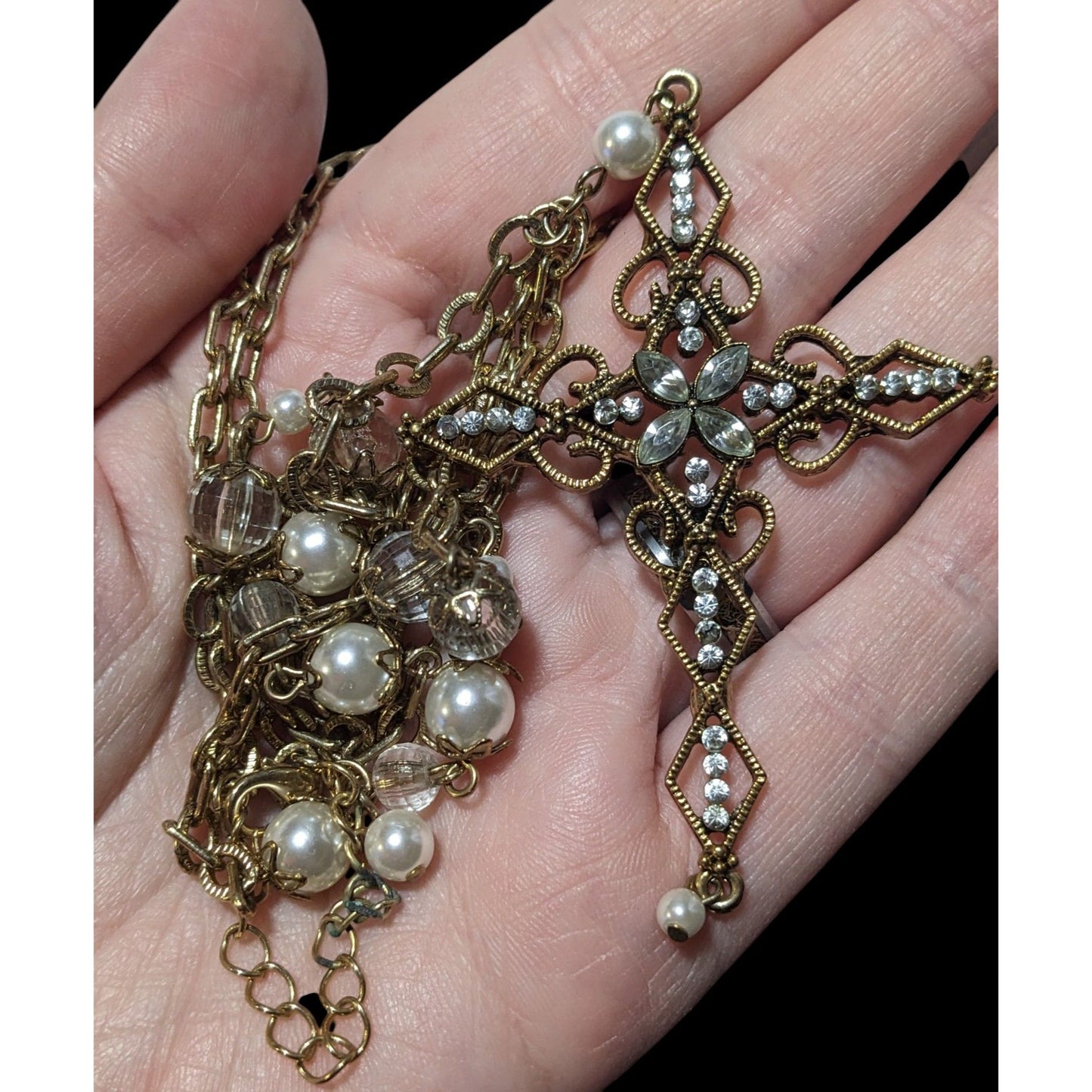 Vintage Glam Goth Gold Tone Faux Pearl Gemmed Cross Necklace