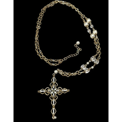 Vintage Glam Goth Gold Tone Faux Pearl Gemmed Cross Necklace