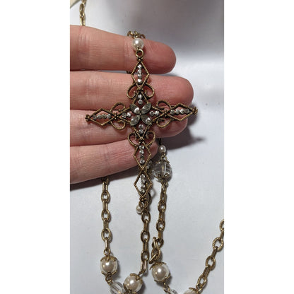 Vintage Glam Goth Gold Tone Faux Pearl Gemmed Cross Necklace