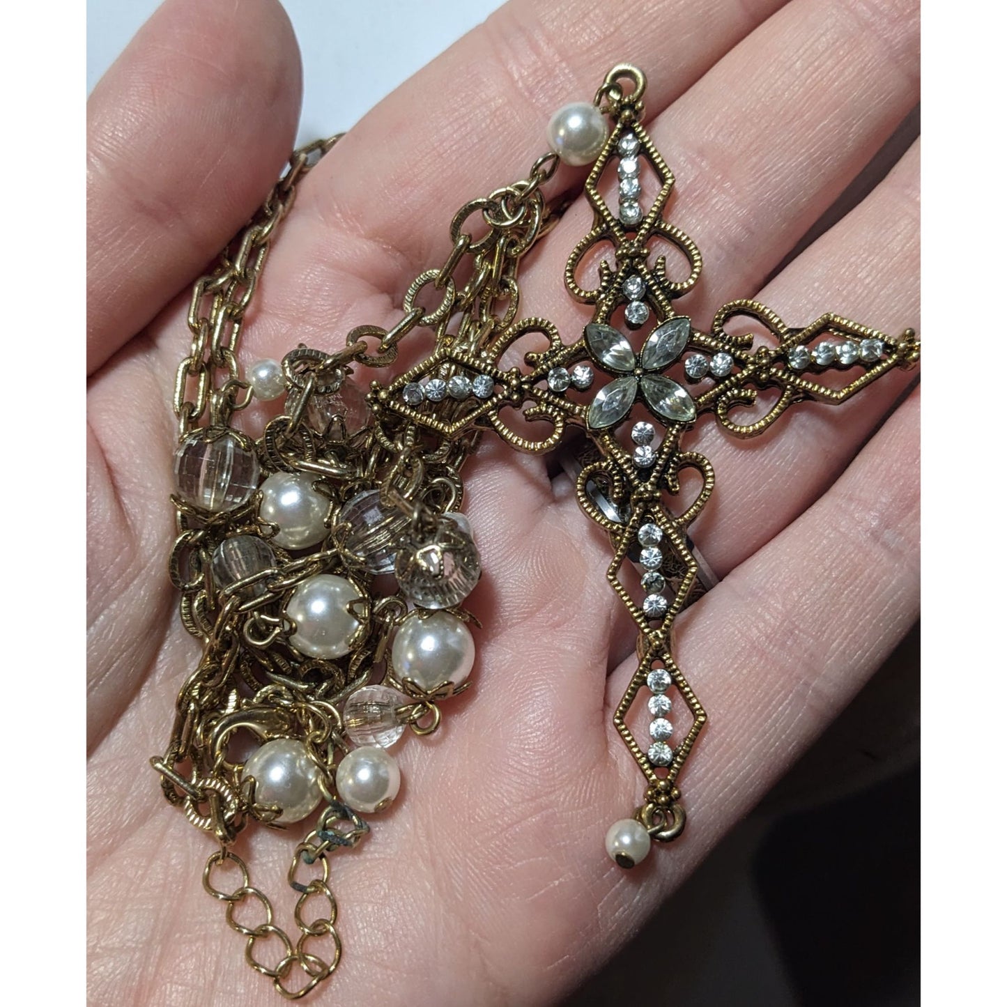 Vintage Glam Goth Gold Tone Faux Pearl Gemmed Cross Necklace