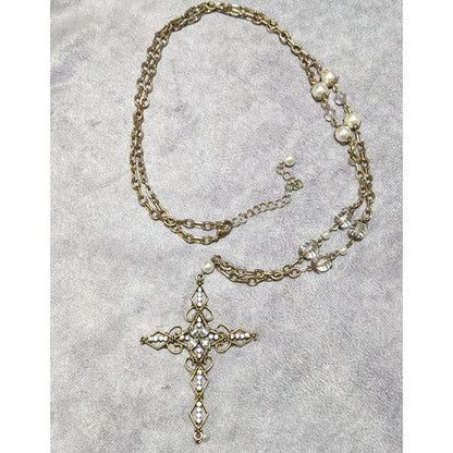 Vintage Glam Goth Gold Tone Faux Pearl Gemmed Cross Necklace