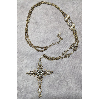 Vintage Glam Goth Gold Tone Faux Pearl Gemmed Cross Necklace