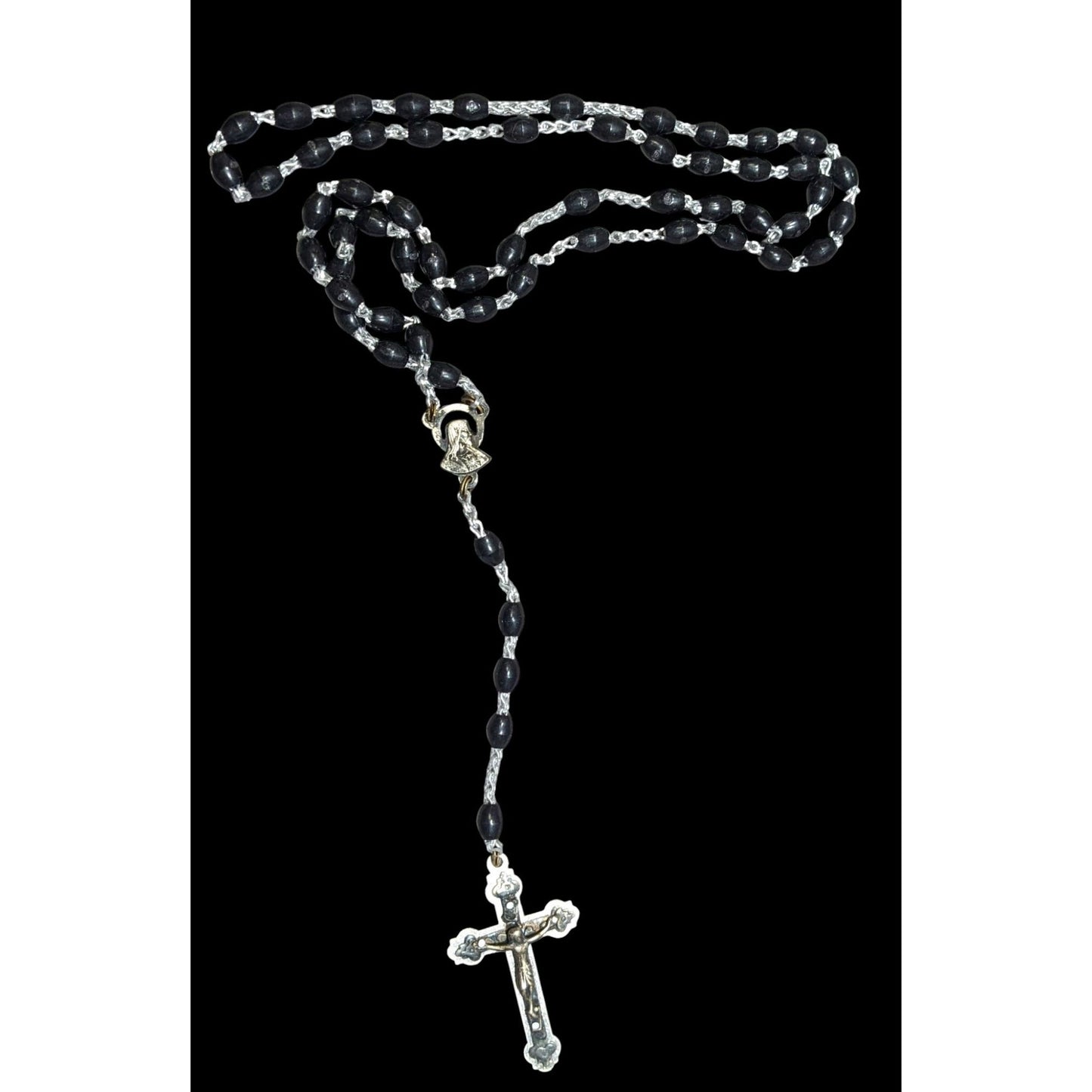 Vintage Gothic Black Rosary Necklace With Silver Tone Cross Pendant & Madonna Centerpiece