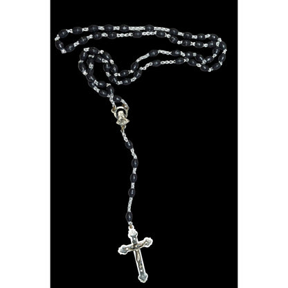 Vintage Gothic Black Rosary Necklace With Silver Tone Cross Pendant & Madonna Centerpiece