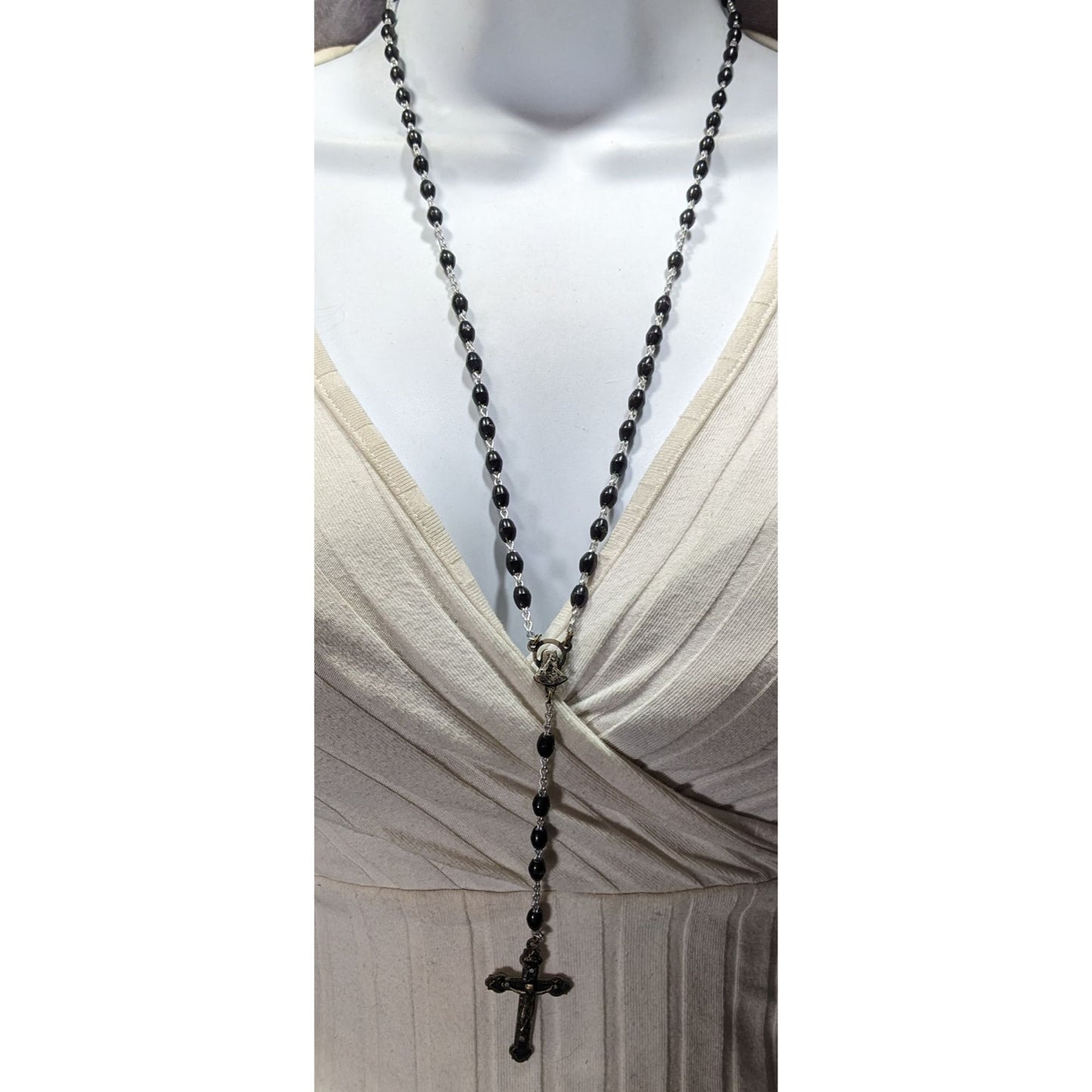 Vintage Gothic Black Rosary Necklace With Silver Tone Cross Pendant & Madonna Centerpiece