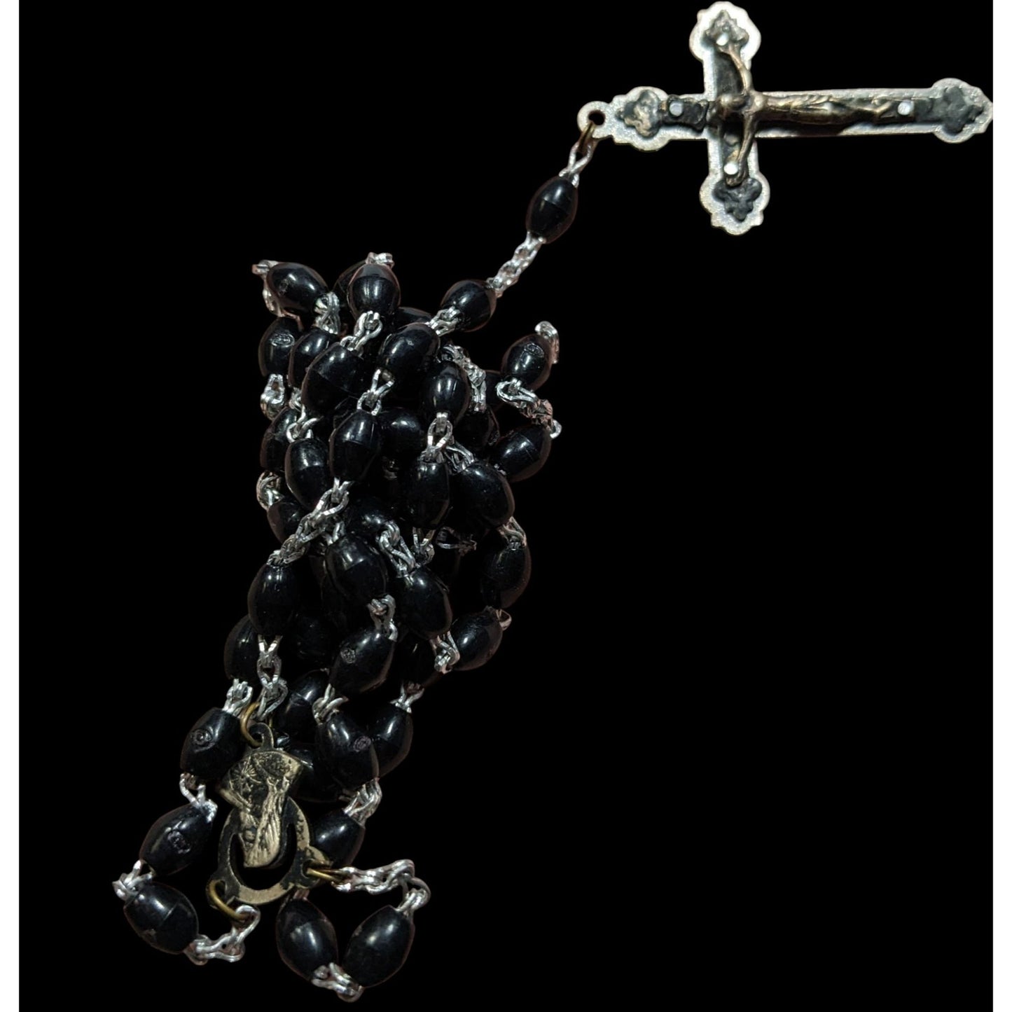 Vintage Gothic Black Rosary Necklace With Silver Tone Cross Pendant & Madonna Centerpiece