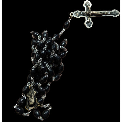 Vintage Gothic Black Rosary Necklace With Silver Tone Cross Pendant & Madonna Centerpiece