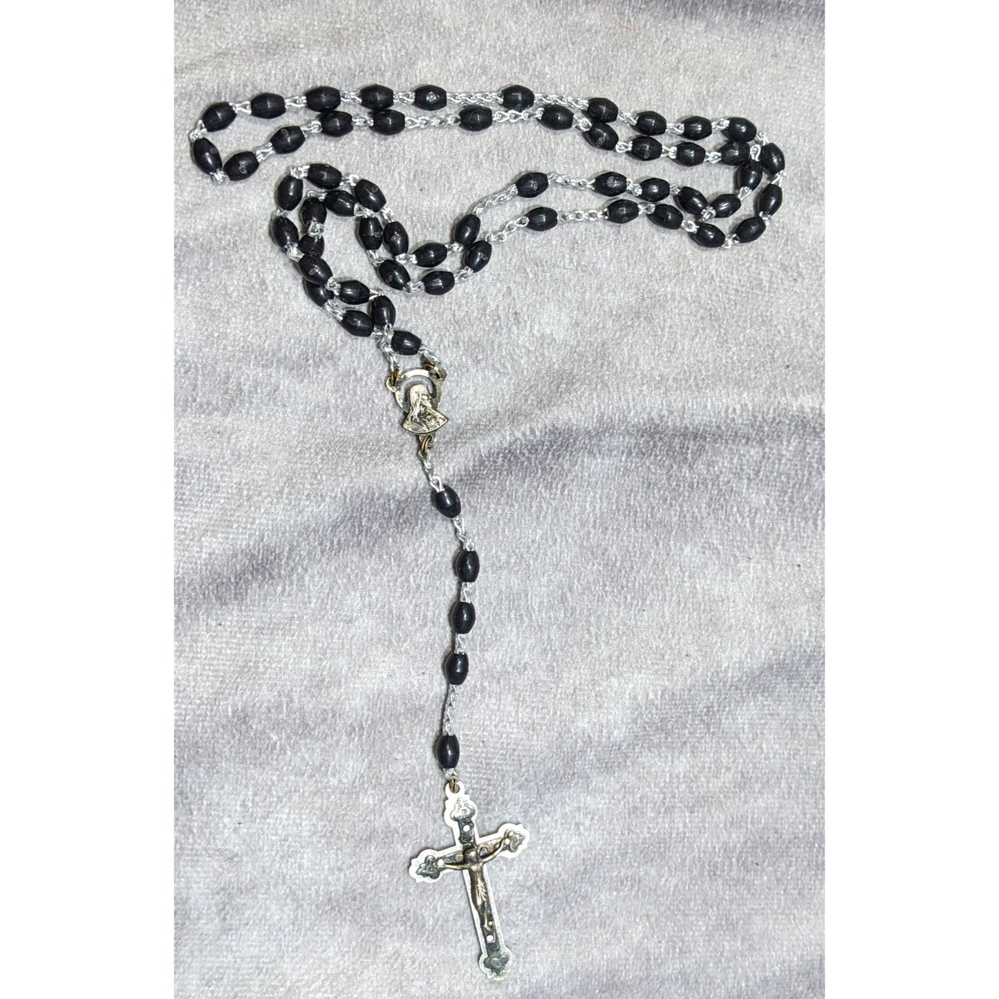 Vintage Gothic Black Rosary Necklace With Silver Tone Cross Pendant & Madonna Centerpiece