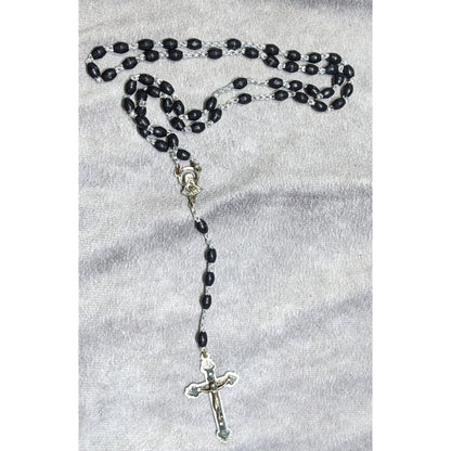Vintage Gothic Black Rosary Necklace With Silver Tone Cross Pendant & Madonna Centerpiece