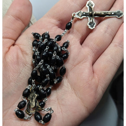 Vintage Gothic Black Rosary Necklace With Silver Tone Cross Pendant & Madonna Centerpiece