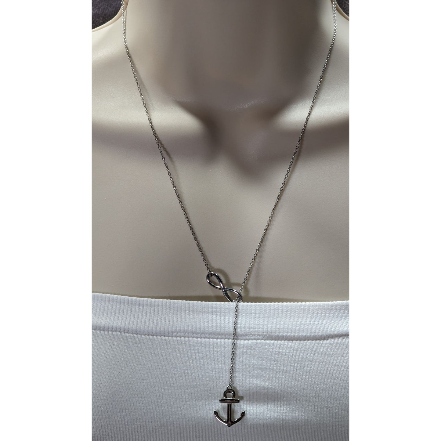 Nautical Infinity Anchor Lariat Silver Tone Necklace