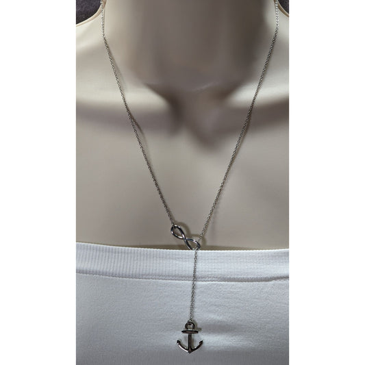 Nautical Infinity Anchor Lariat Silver Tone Necklace
