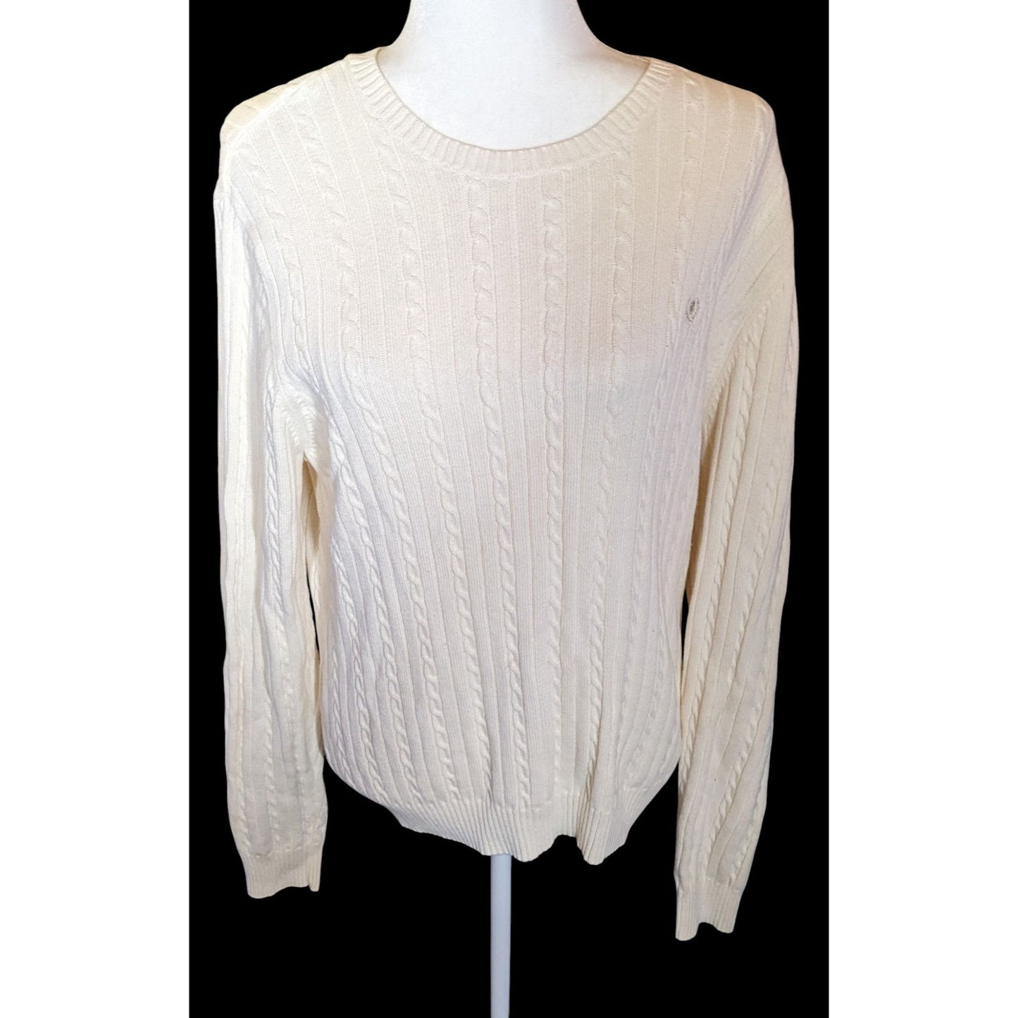 Izod Preppy Cream Cable Knit Sweater With Embroidered Emblem