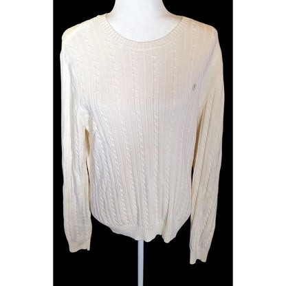 Izod Preppy Cream Cable Knit Sweater With Embroidered Emblem