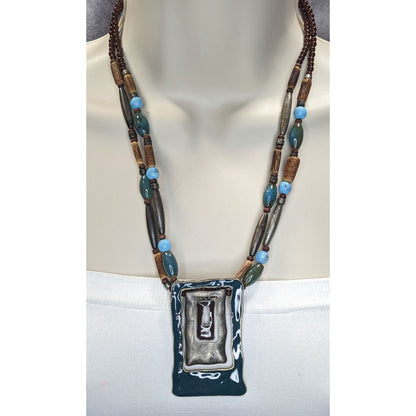 Boho Brutalist Geometric Pendant Necklace Layered Wood Blue Beads Mixed Metal Statement
