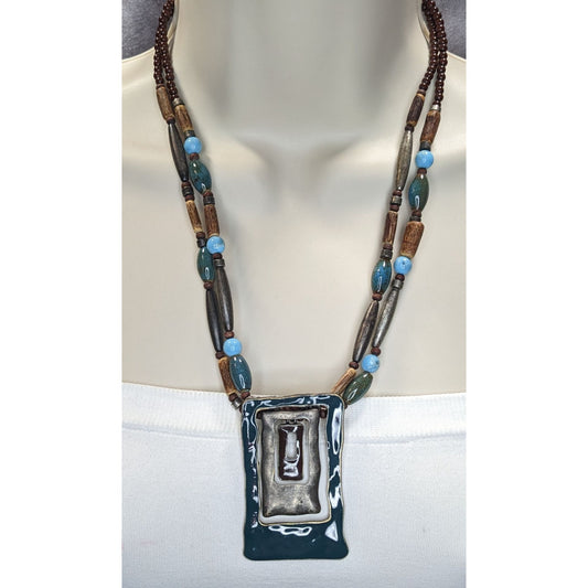 Boho Brutalist Geometric Pendant Necklace Layered Wood Blue Beads Mixed Metal Statement