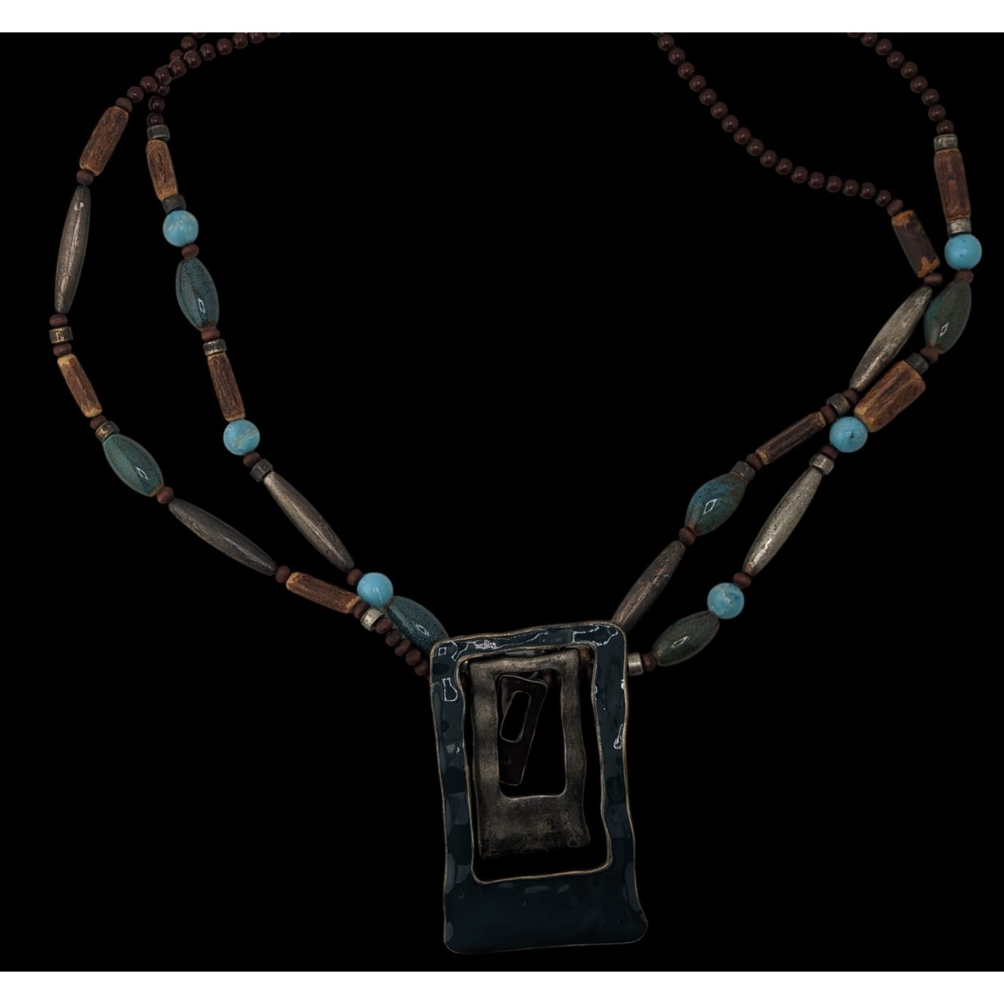Boho Brutalist Geometric Pendant Necklace Layered Wood Blue Beads Mixed Metal Statement