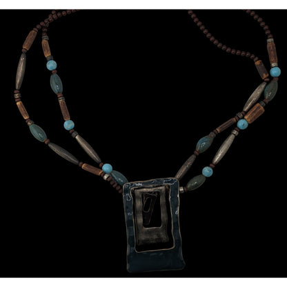 Boho Brutalist Geometric Pendant Necklace Layered Wood Blue Beads Mixed Metal Statement