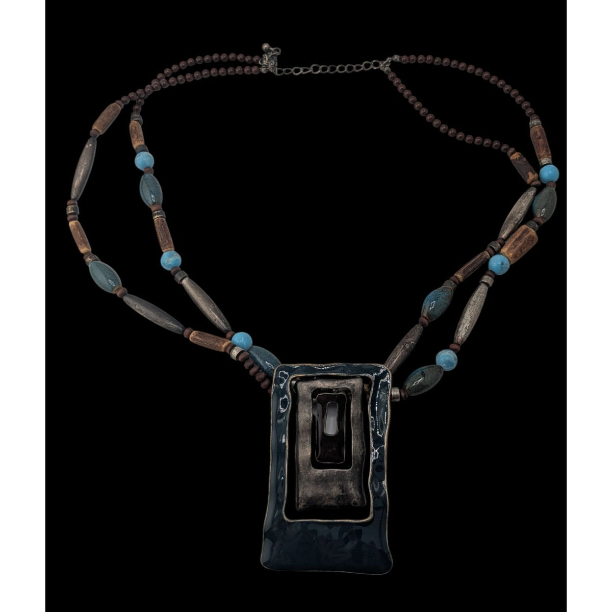 Boho Brutalist Geometric Pendant Necklace Layered Wood Blue Beads Mixed Metal Statement