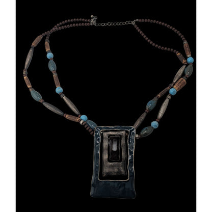 Boho Brutalist Geometric Pendant Necklace Layered Wood Blue Beads Mixed Metal Statement