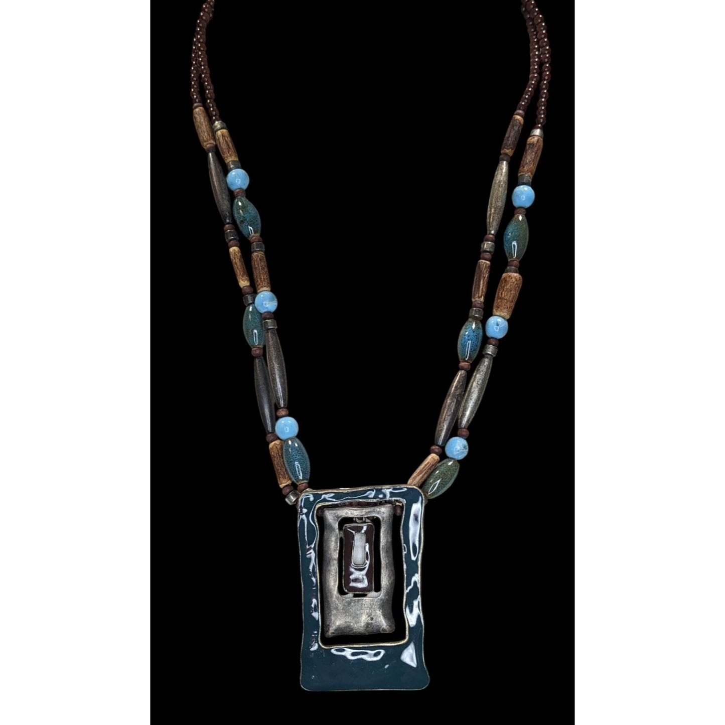 Boho Brutalist Geometric Pendant Necklace Layered Wood Blue Beads Mixed Metal Statement