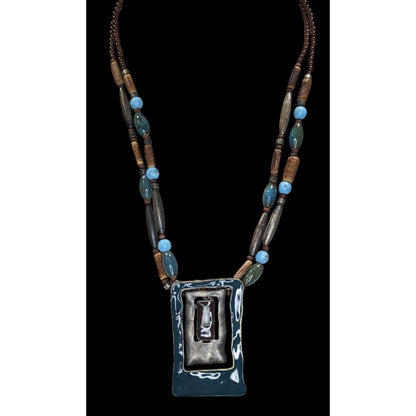 Boho Brutalist Geometric Pendant Necklace Layered Wood Blue Beads Mixed Metal Statement