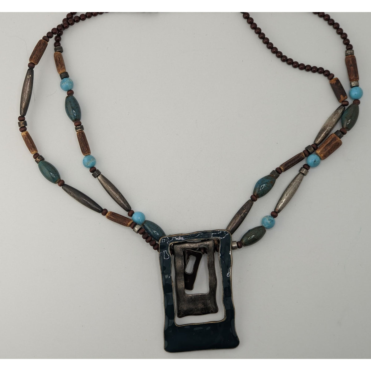 Boho Brutalist Geometric Pendant Necklace Layered Wood Blue Beads Mixed Metal Statement
