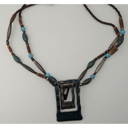 Boho Brutalist Geometric Pendant Necklace Layered Wood Blue Beads Mixed Metal Statement