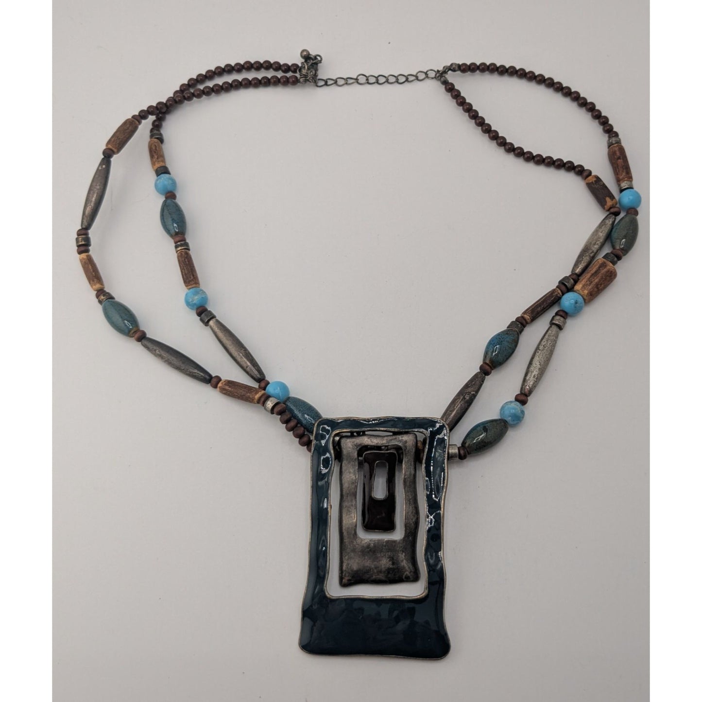 Boho Brutalist Geometric Pendant Necklace Layered Wood Blue Beads Mixed Metal Statement