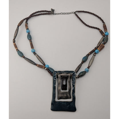 Boho Brutalist Geometric Pendant Necklace Layered Wood Blue Beads Mixed Metal Statement