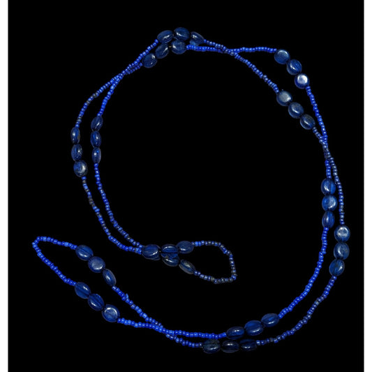 Long Blue Beaded Necklace With Oval Acrylic Beads & Tiny Seed Beads