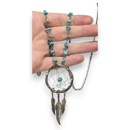 Boho Southwestern Turquoise Silver Tone Dreamcatcher Necklace 33 Inch