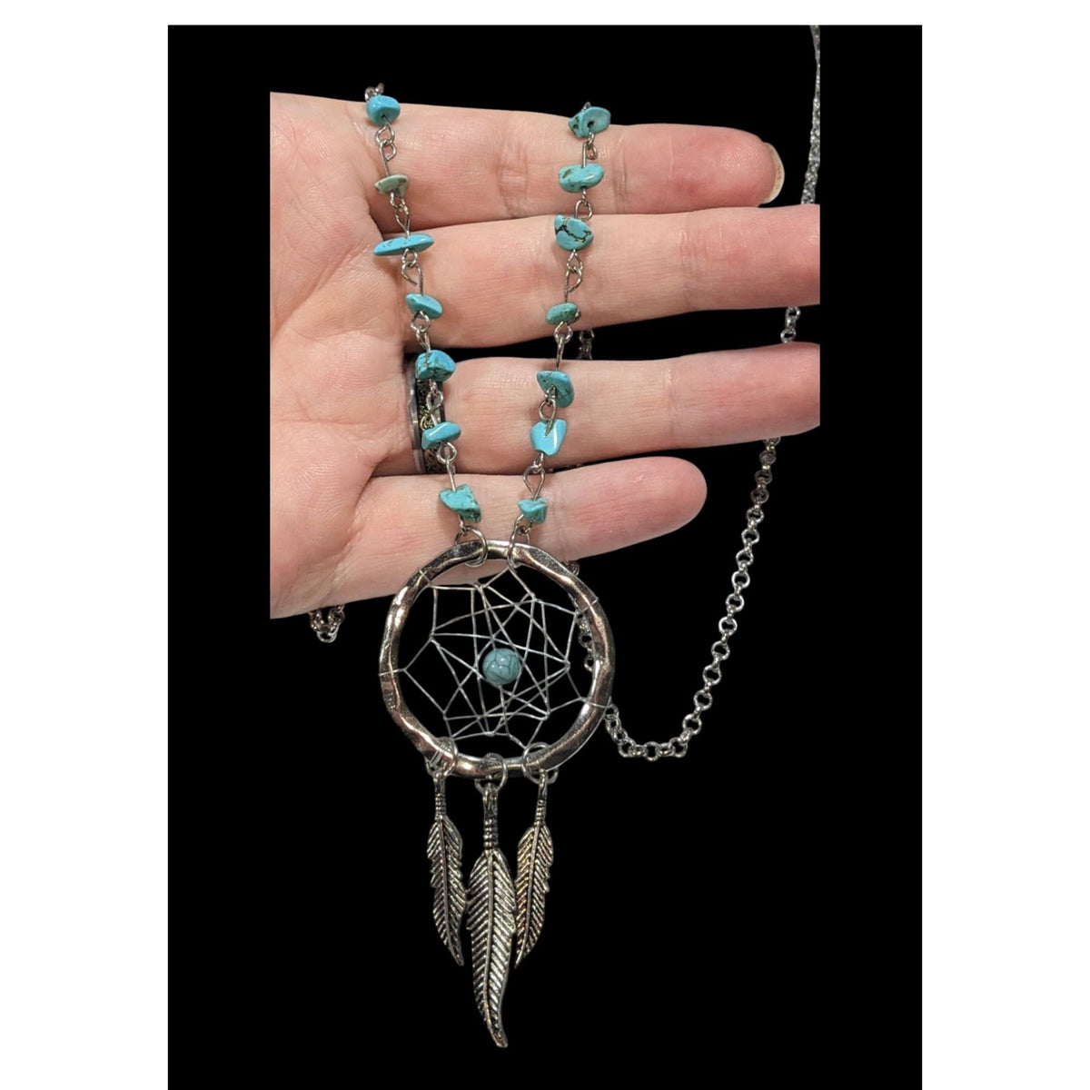 Boho Southwestern Turquoise Silver Tone Dreamcatcher Necklace 33 Inch