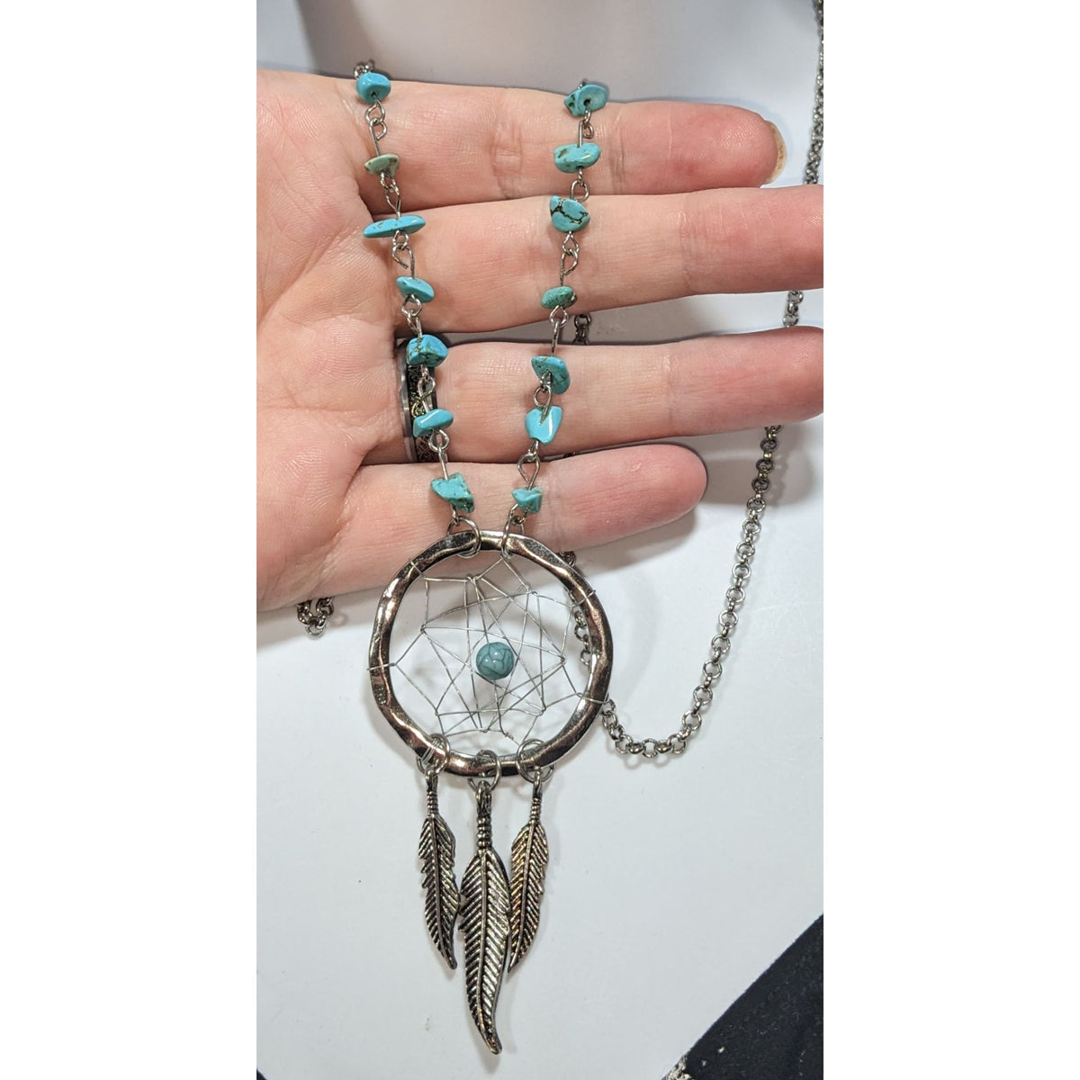Boho Southwestern Turquoise Silver Tone Dreamcatcher Necklace 33 Inch