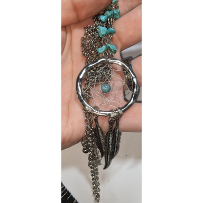 Boho Southwestern Turquoise Silver Tone Dreamcatcher Necklace 33 Inch
