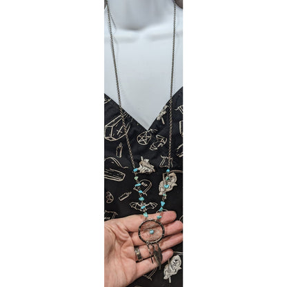 Boho Southwestern Turquoise Silver Tone Dreamcatcher Necklace 33 Inch