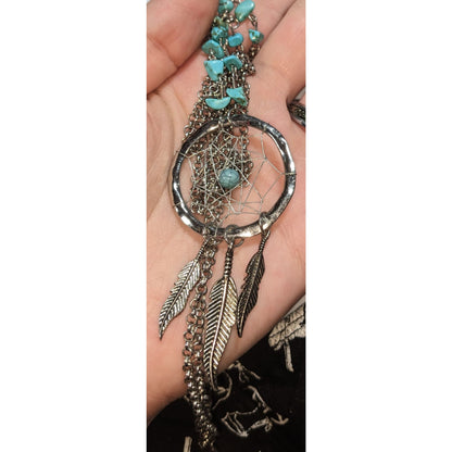 Boho Southwestern Turquoise Silver Tone Dreamcatcher Necklace 33 Inch