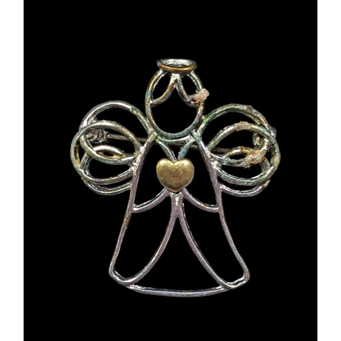 Vintage Angel Holding A Heart Open Metallic Wire Brooch